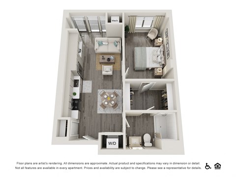 Floor plan for 1 bed, 1 bath, 675 sqft